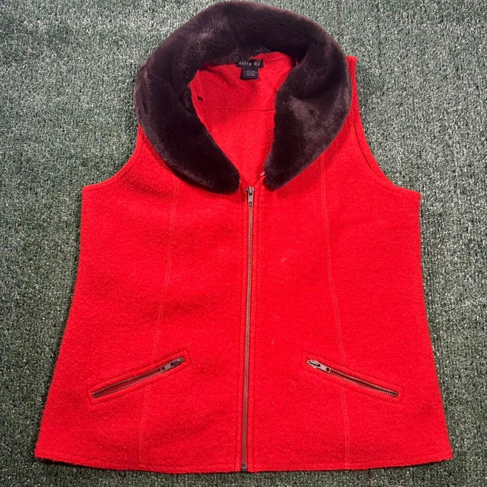 Tally ho vintage red boiled faux fur wool vest